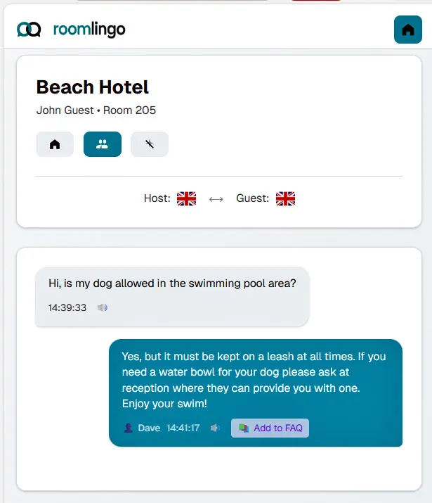 Chat window showing Add to FAQ button on host reply