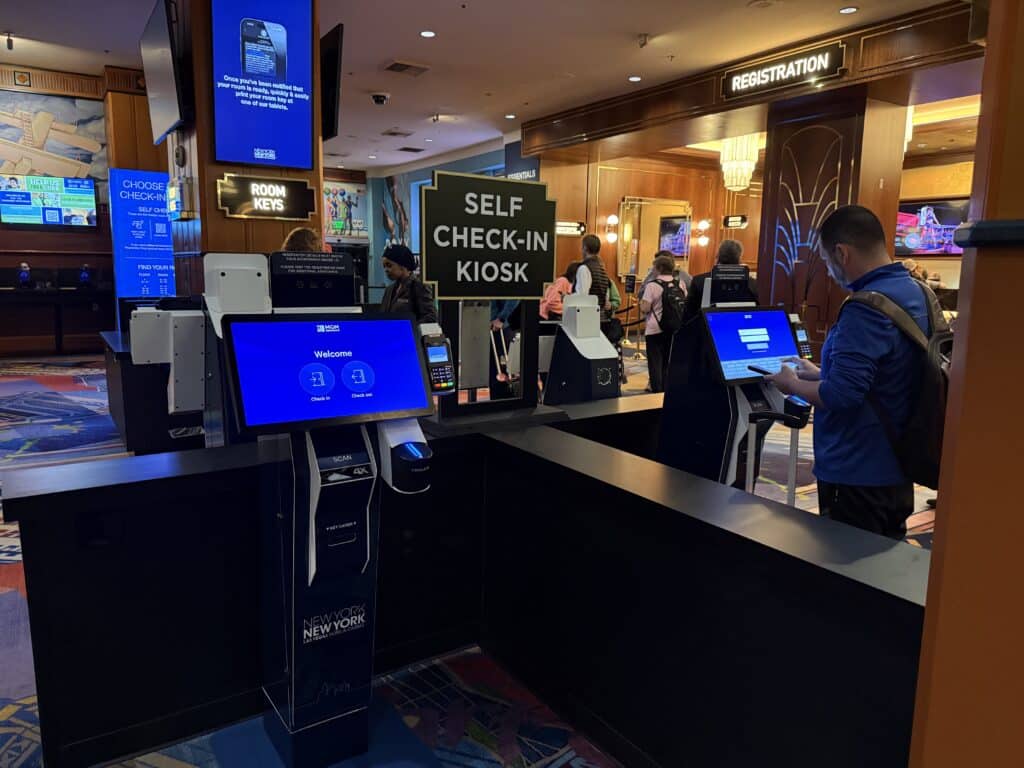 Automated check-in kiosk in hotel lobby